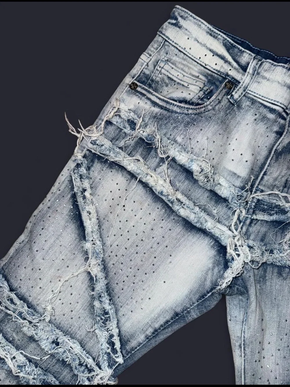 Light Wash Distressed Rhinestone Jeans - Picture 3 of 5